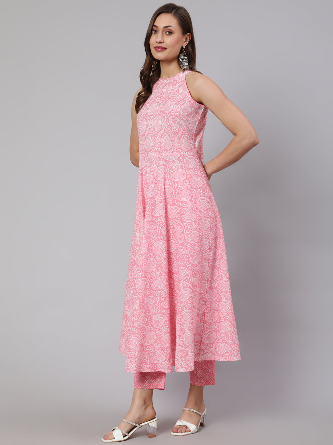 Pink Printed Halter Neck Kurta With Printed Pants And Dupatta