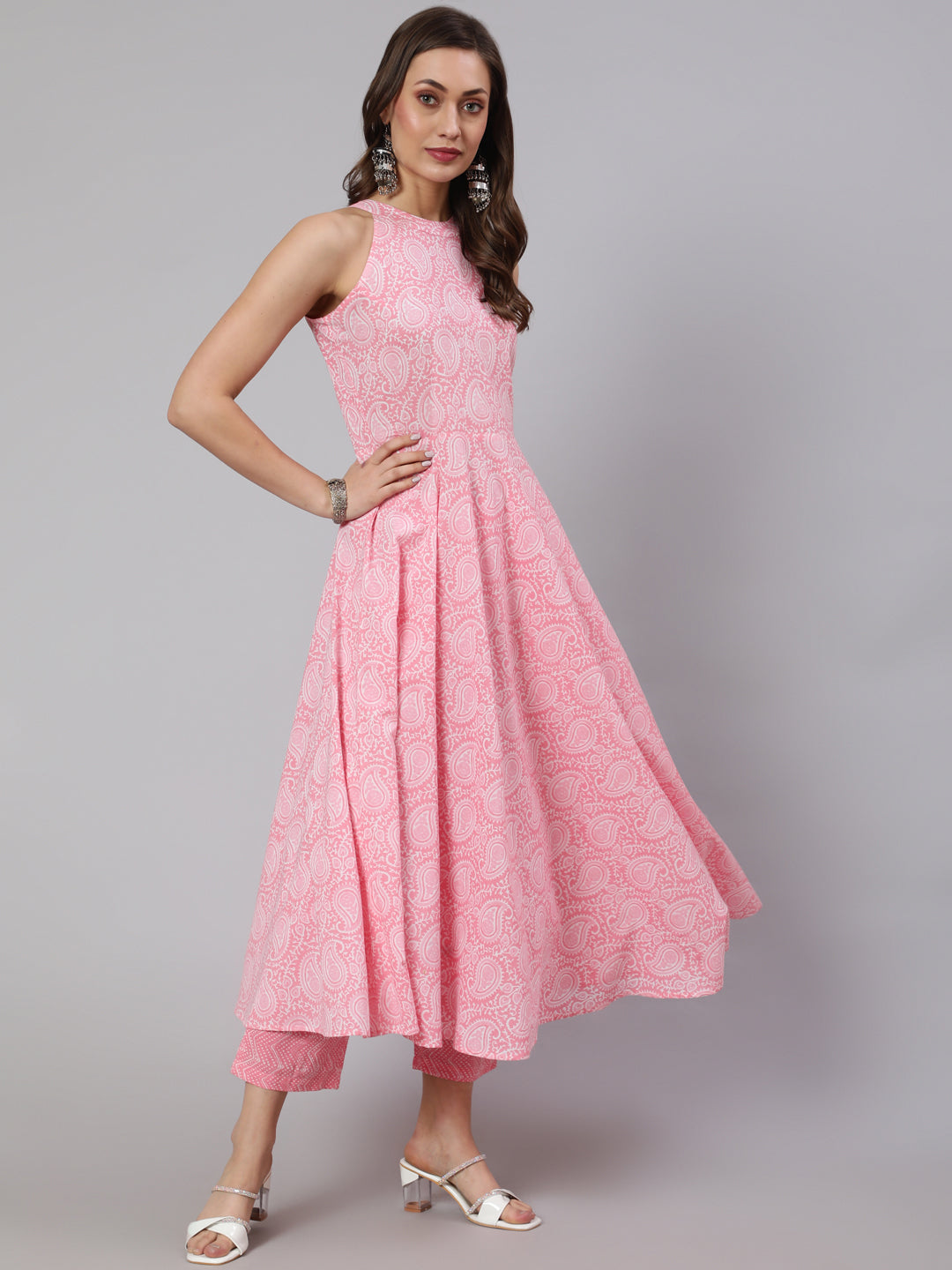 Pink Printed Halter Neck Kurta With Printed Pants And Dupatta