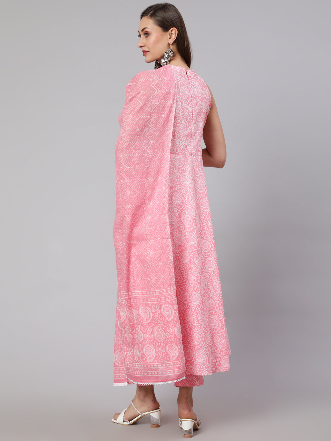 Pink Printed Halter Neck Kurta With Printed Pants And Dupatta