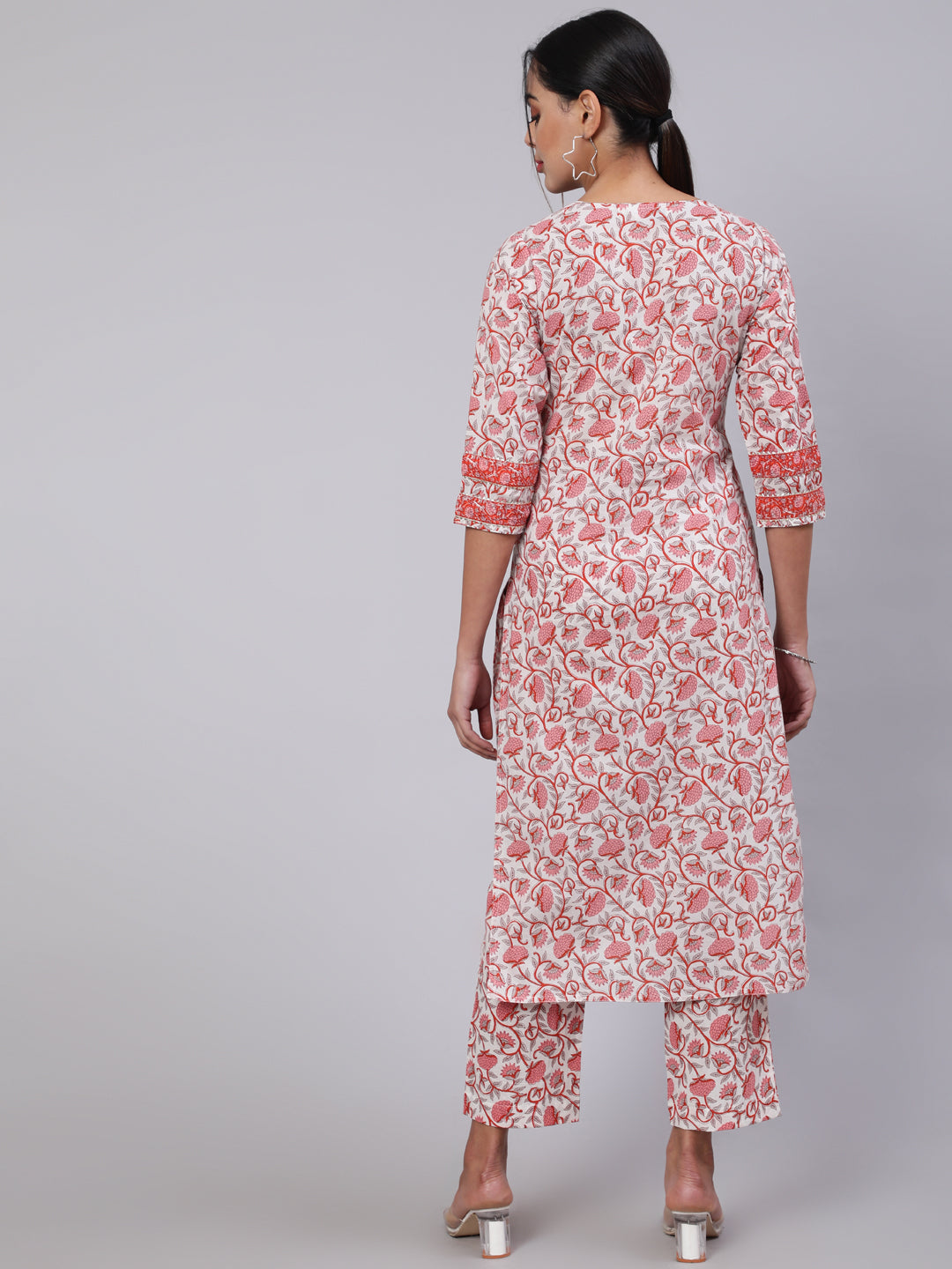 White & Pink Printed Straight Kurta Paired With Printed Palazzo