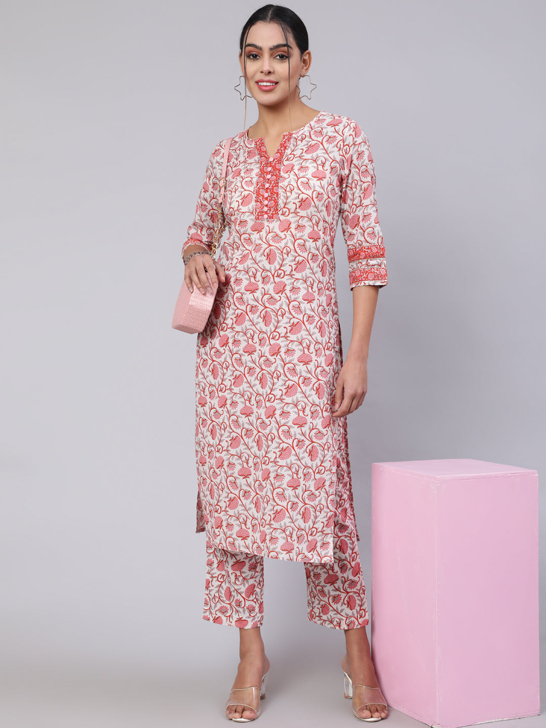 White & Pink Printed Straight Kurta Paired With Printed Palazzo