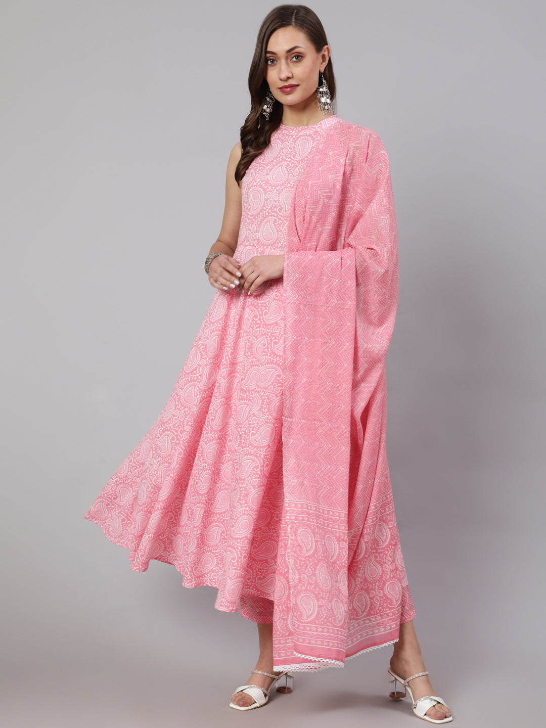 Pink Printed Halter Neck Kurta With Printed Pants And Dupatta