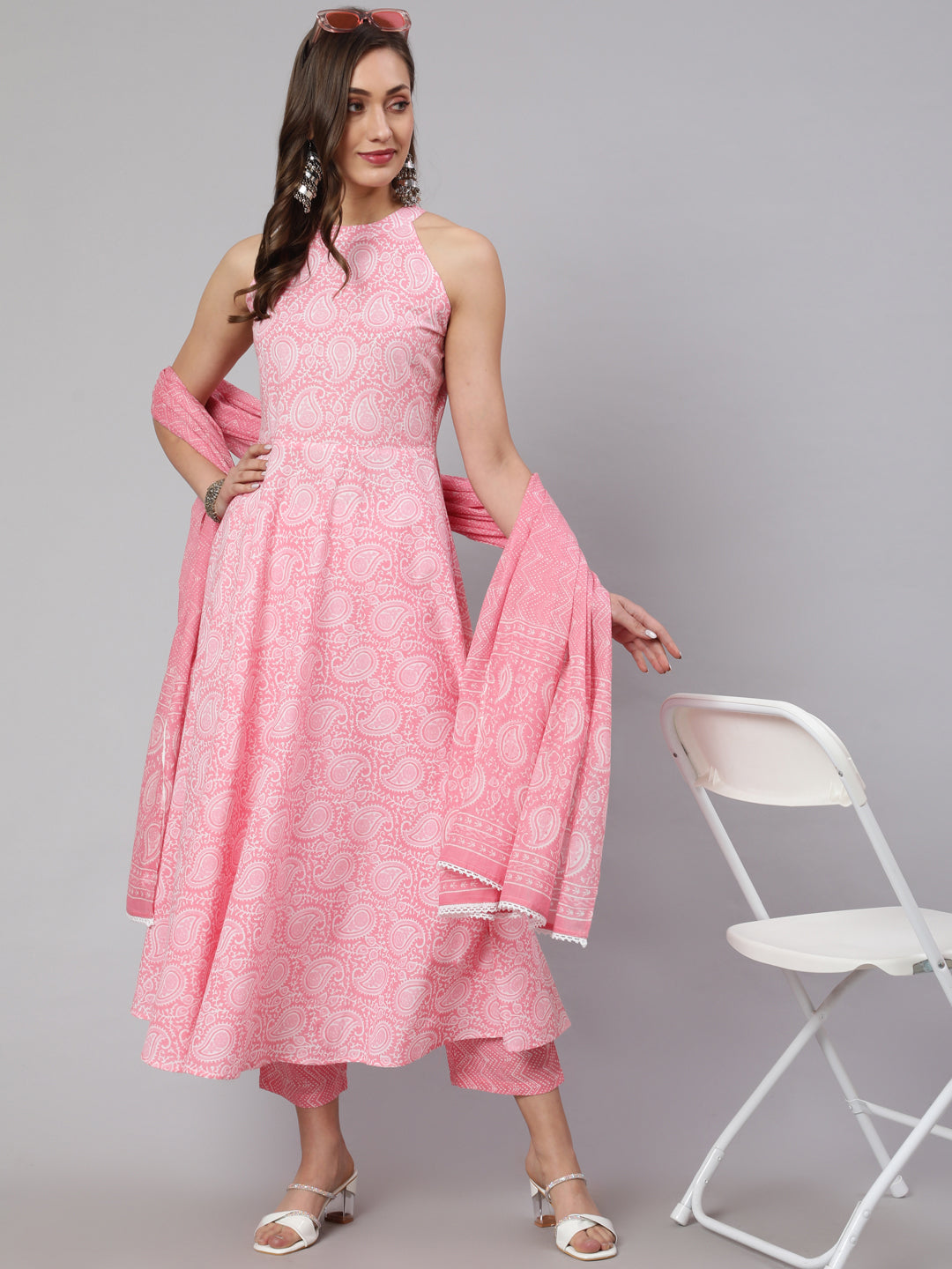 Pink Printed Halter Neck Kurta With Printed Pants And Dupatta