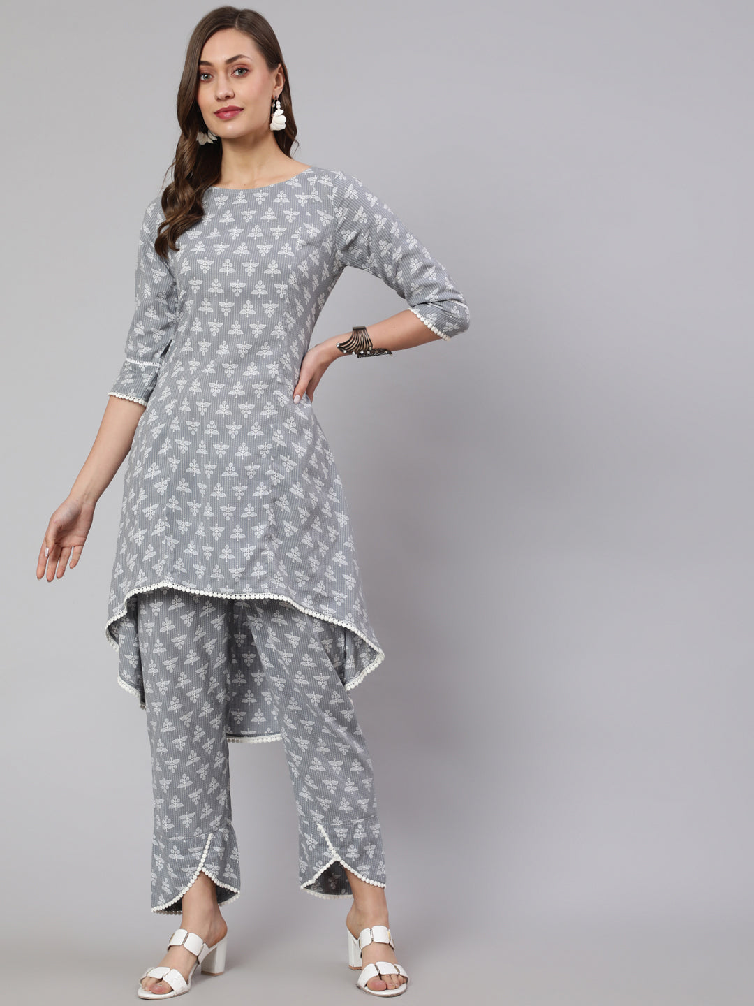 Grey Woven Asymmetric Hemline Printed Kurta With Tulip Palazzo