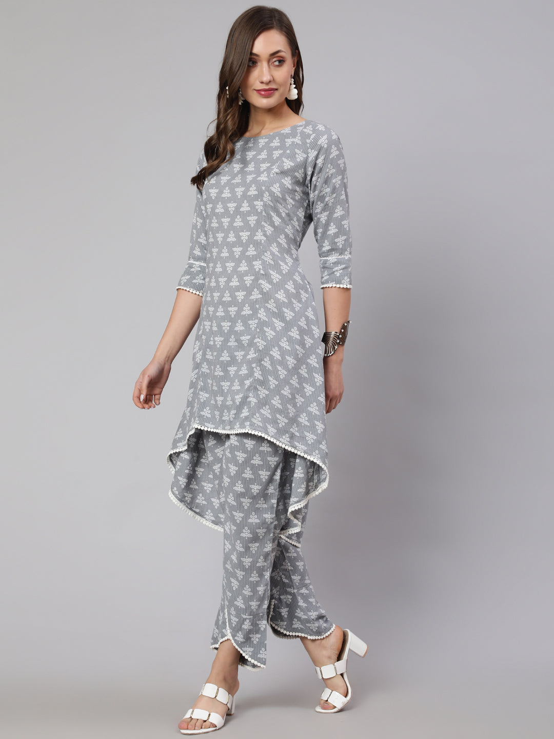 Grey Woven Asymmetric Hemline Printed Kurta With Tulip Palazzo