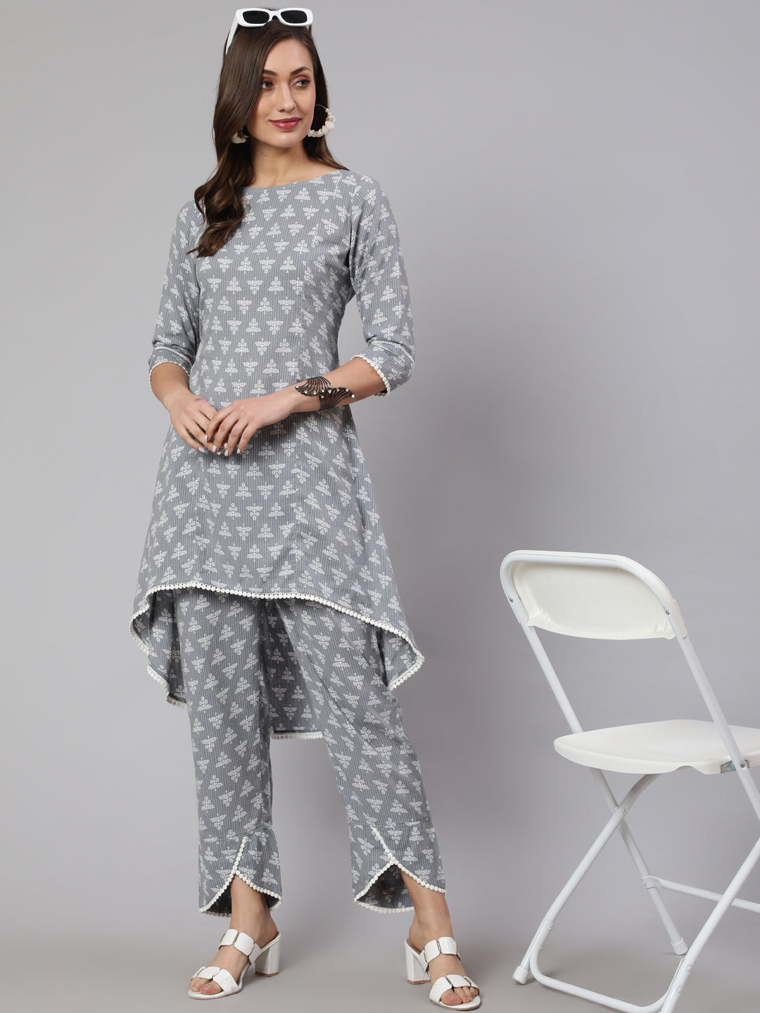 Grey Woven Asymmetric Hemline Printed Kurta With Tulip Palazzo