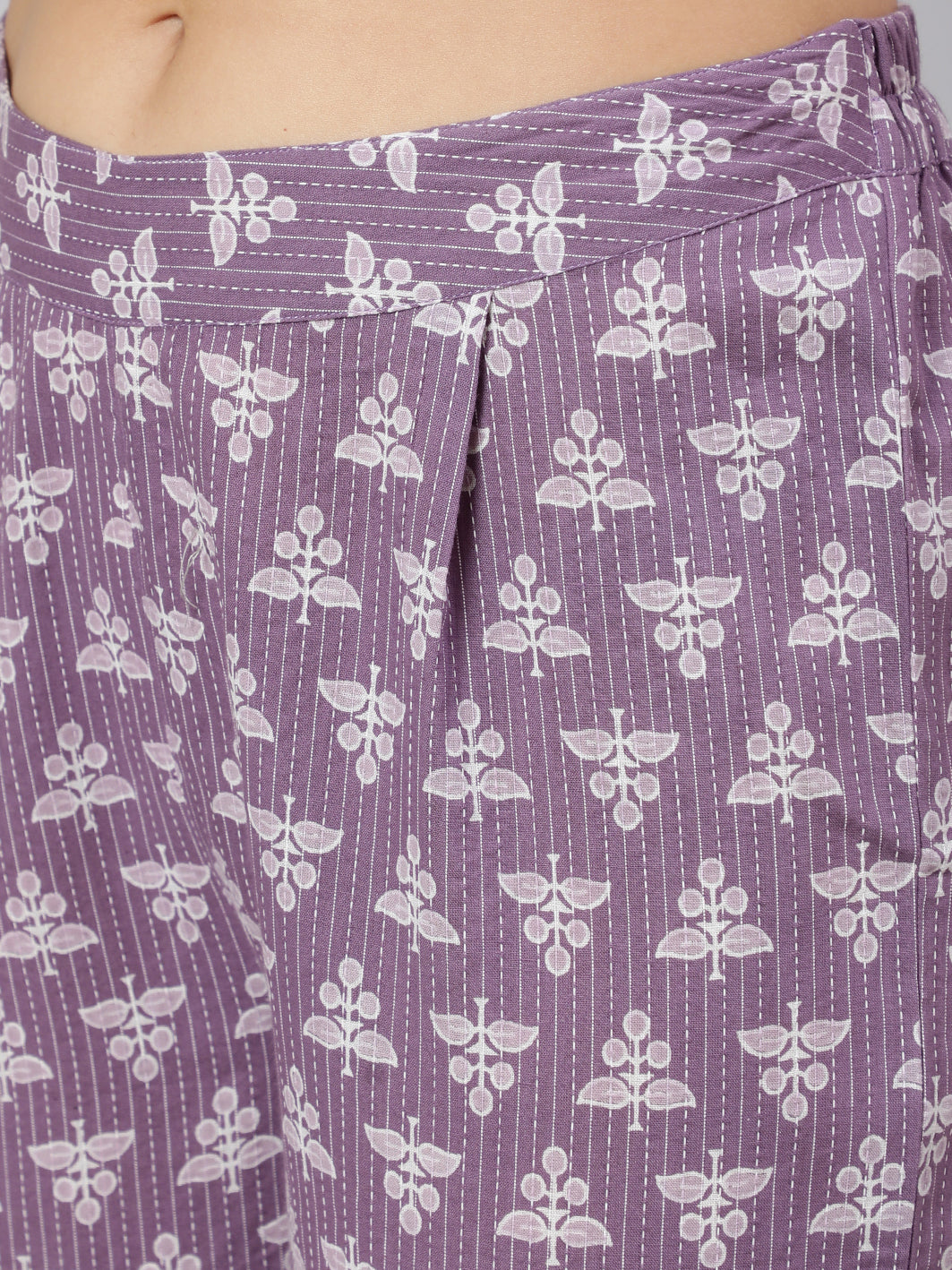 Lavender Woven Asymmetric Hemline Printed Kurta With Tulip Palazzo