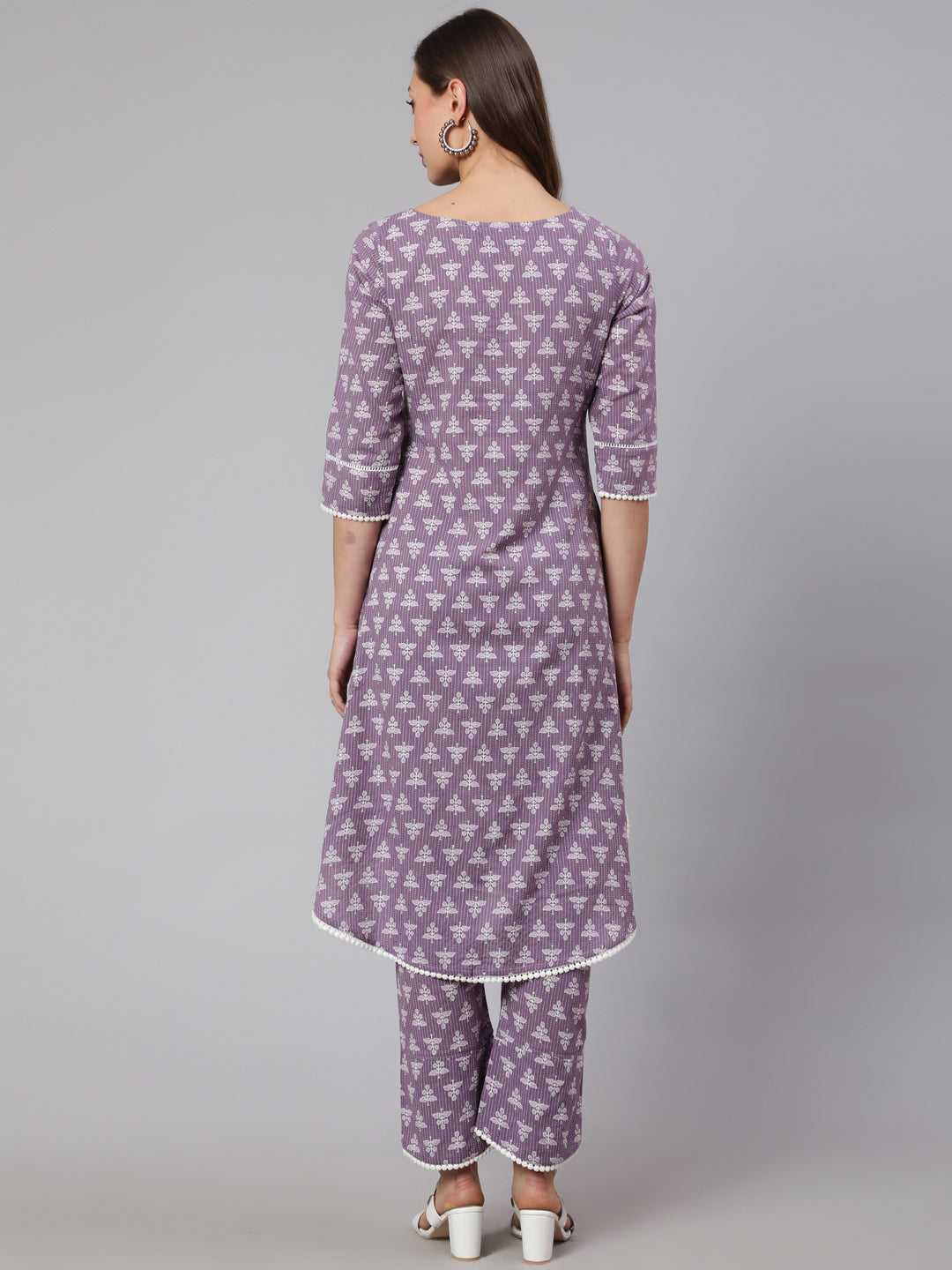Lavender Woven Asymmetric Hemline Printed Kurta With Tulip Palazzo