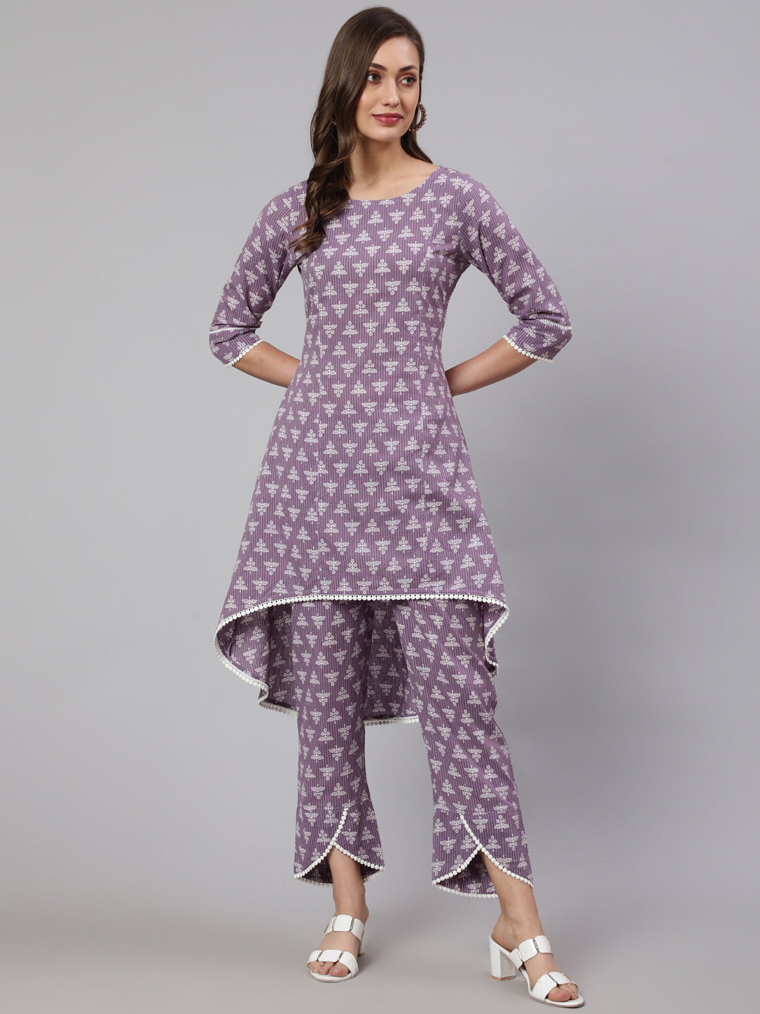 Lavender Woven Asymmetric Hemline Printed Kurta With Tulip Palazzo