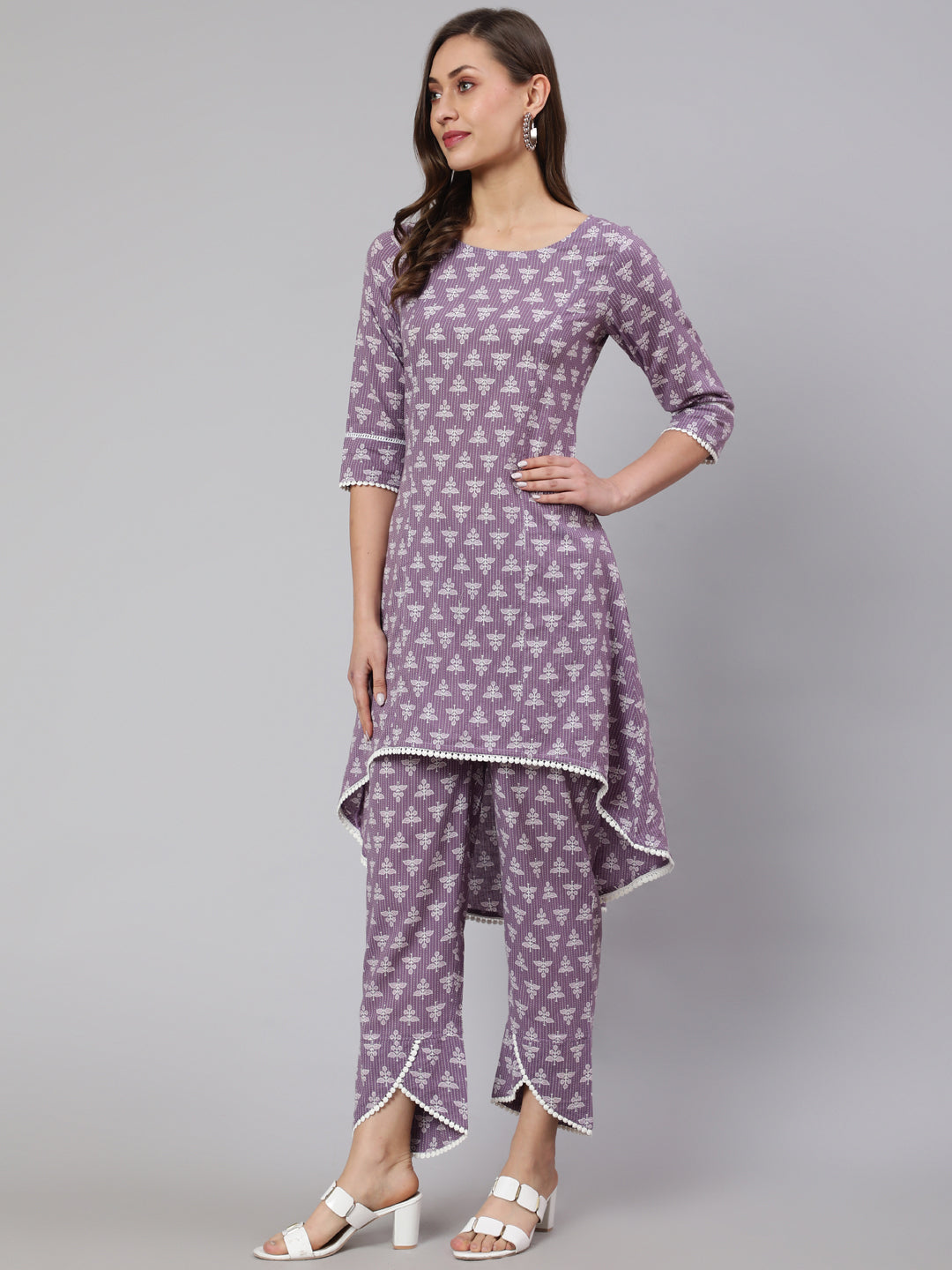 Lavender Woven Asymmetric Hemline Printed Kurta With Tulip Palazzo