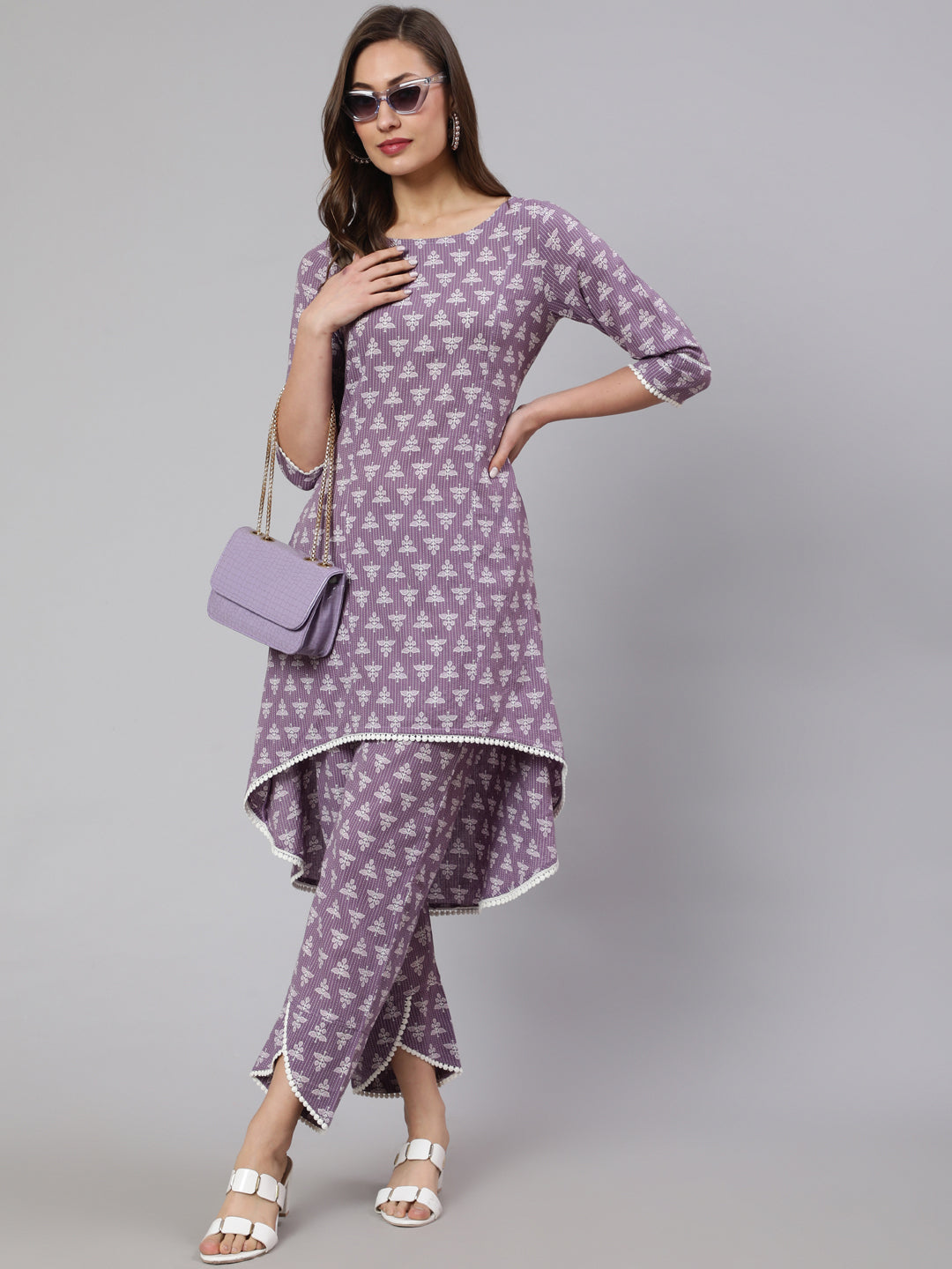 Lavender Woven Asymmetric Hemline Printed Kurta With Tulip Palazzo