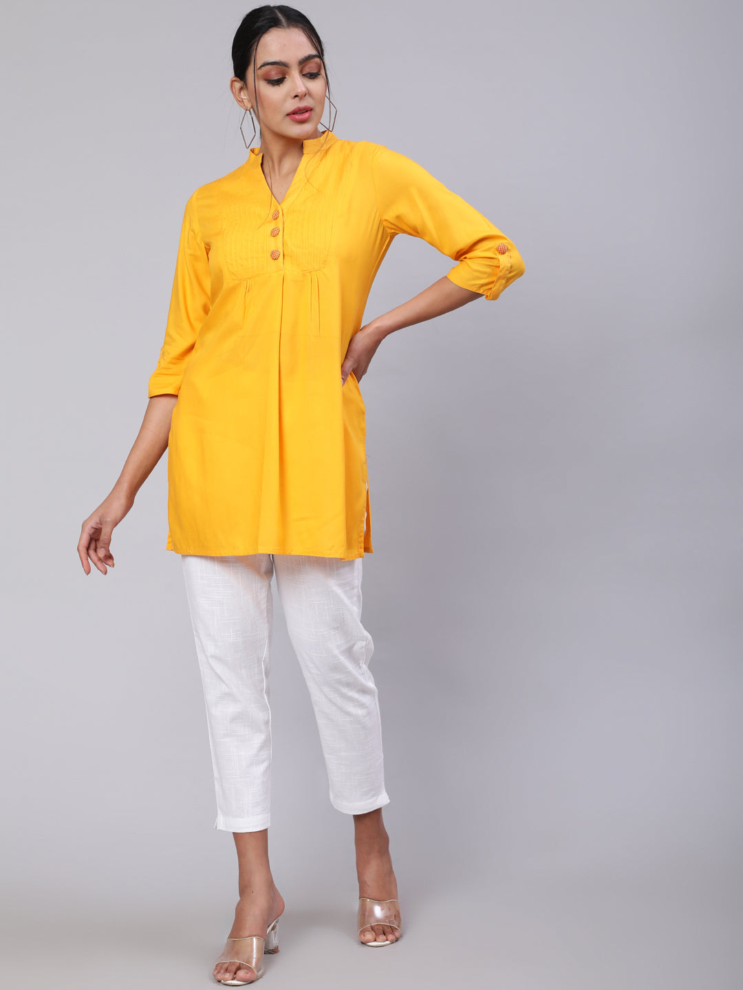 Yellow Solid Gathered Short Kurta
