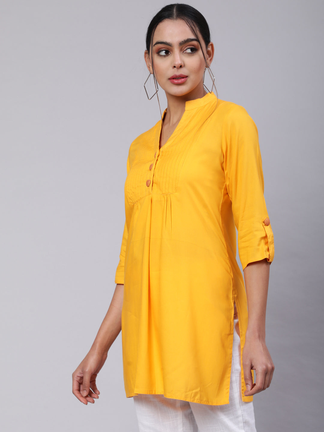 Yellow Solid Gathered Short Kurta