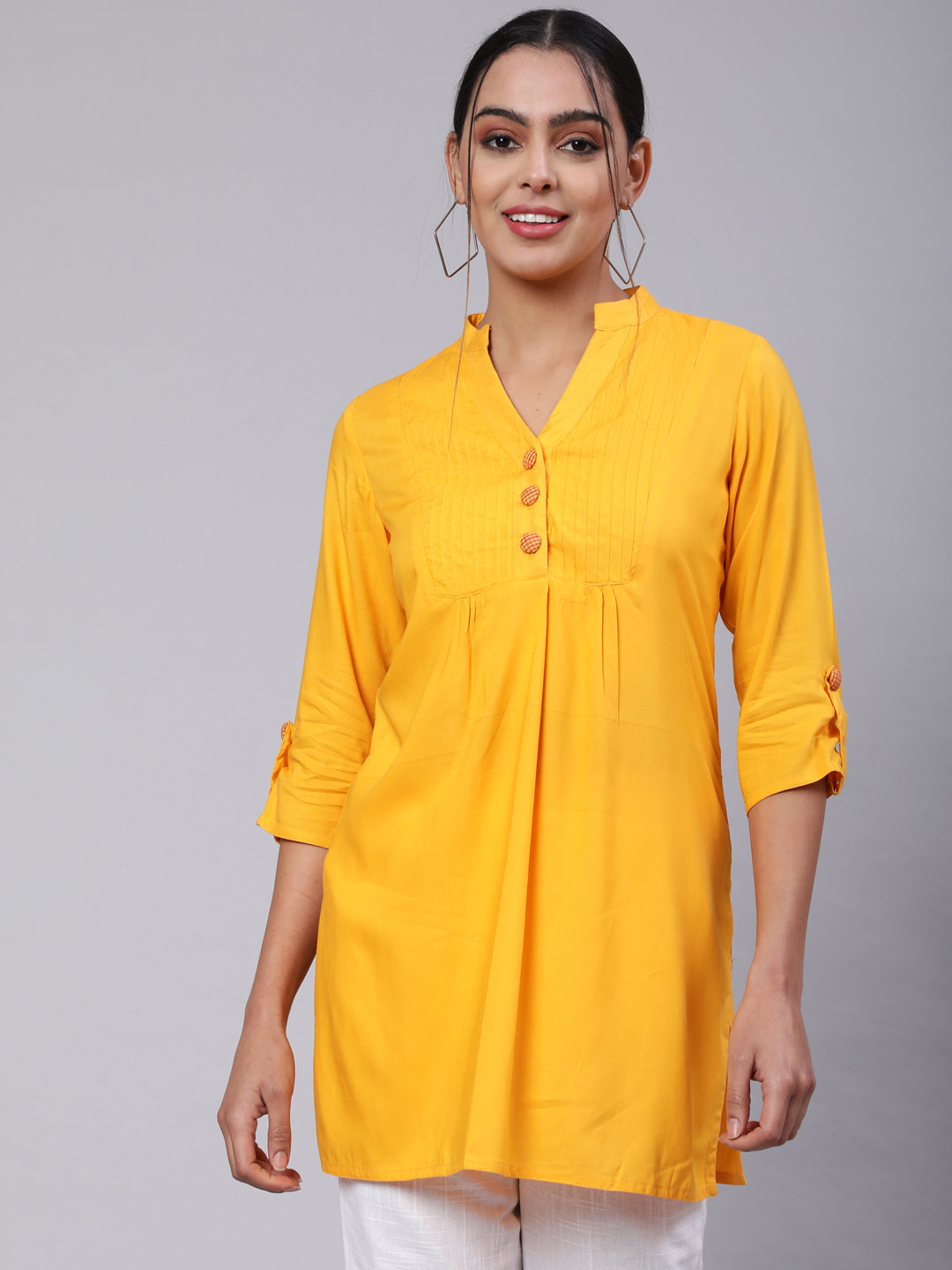 Yellow Solid Gathered Short Kurta
