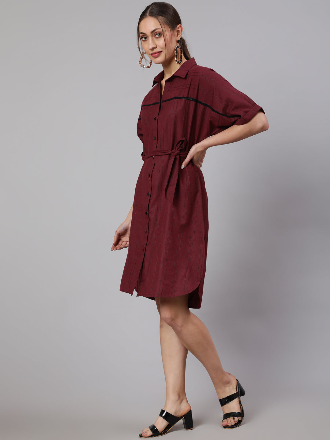 Maroon Self Weaved Shirt Dress