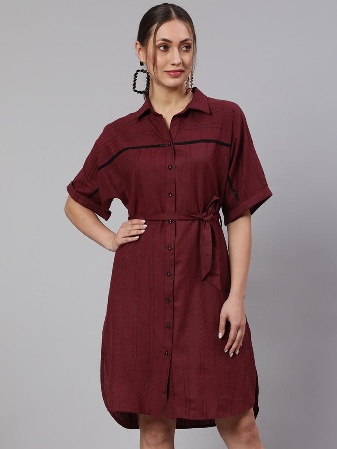 Maroon Self Weaved Shirt Dress