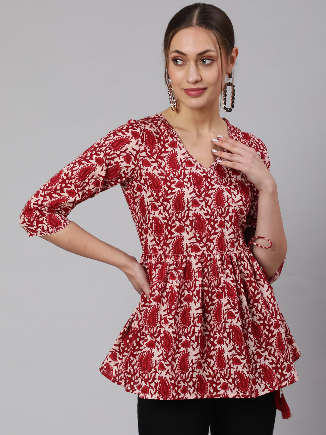 Maroon Hand Kantha Peplum Top