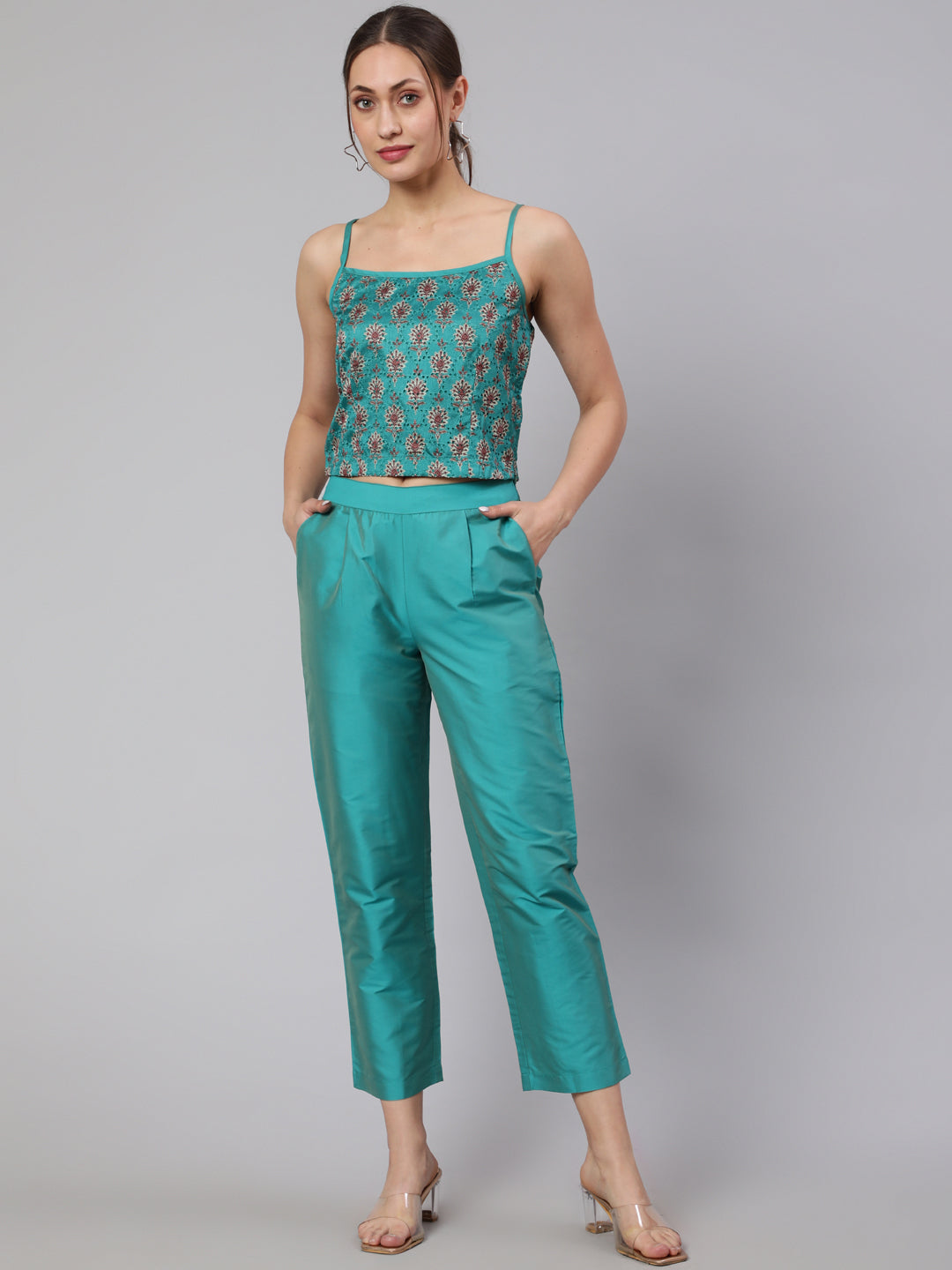 Turquoise 3-Piece Co-Ord Set With Schiffli Crop Top and Solid Jacket