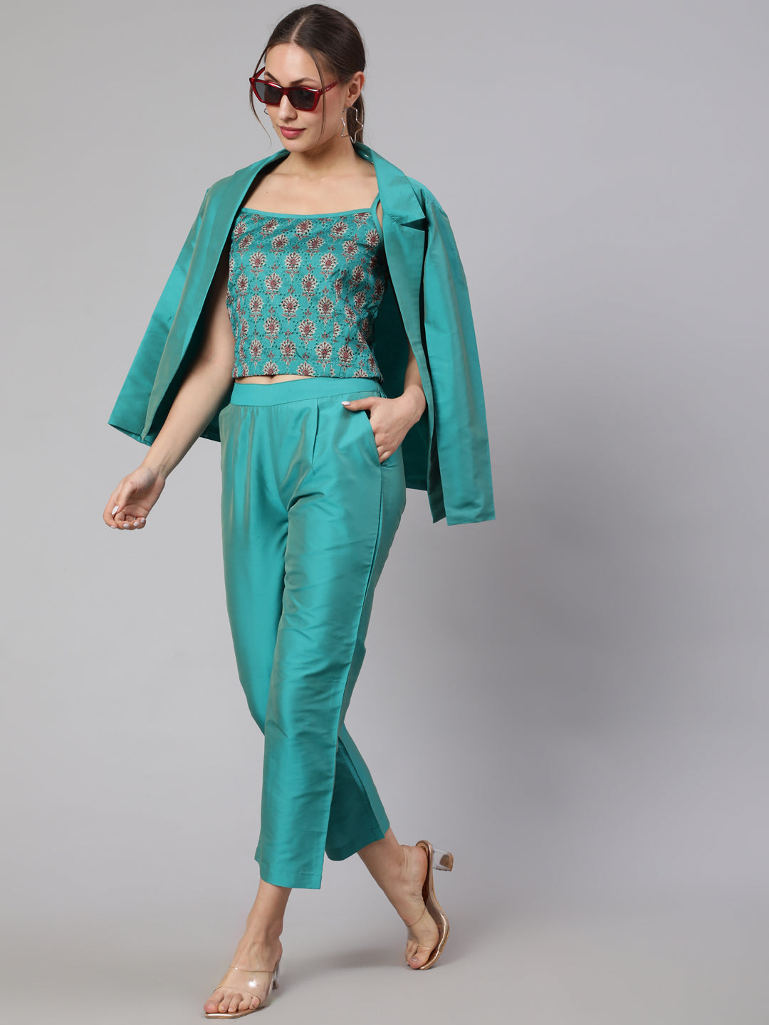 Turquoise 3-Piece Co-Ord Set With Schiffli Crop Top and Solid Jacket