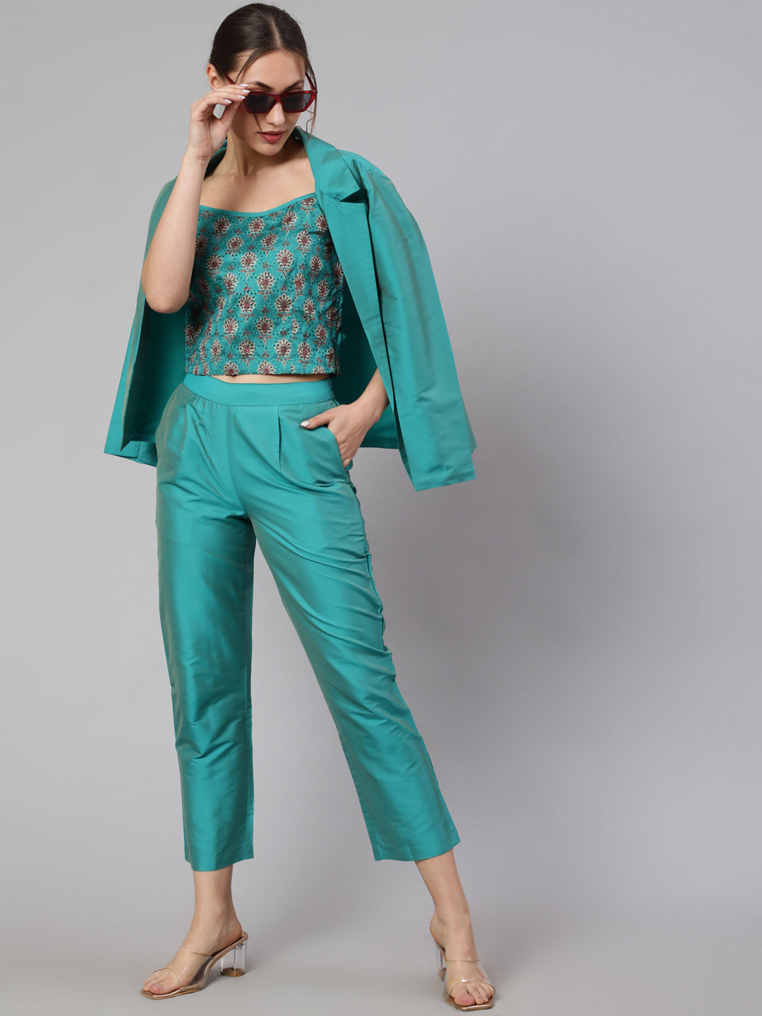 Turquoise 3-Piece Co-Ord Set With Schiffli Crop Top and Solid Jacket