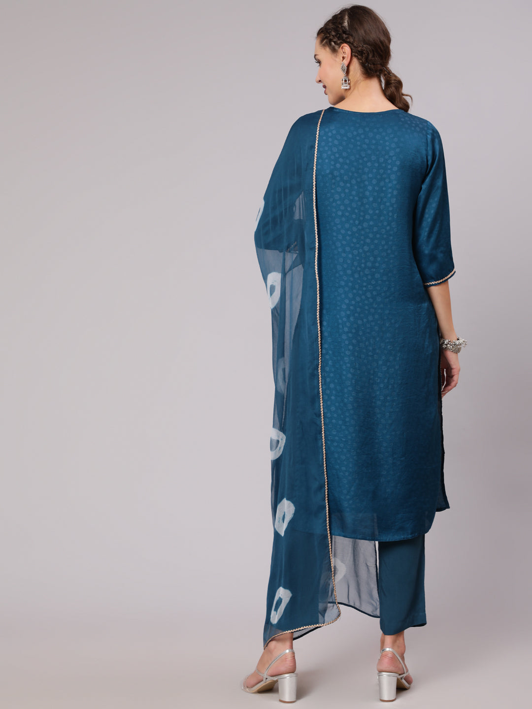 Teal Silk Jacquard Embroidered Straight Kurta With Pants And Tie-Dye Chiffon Dupatta