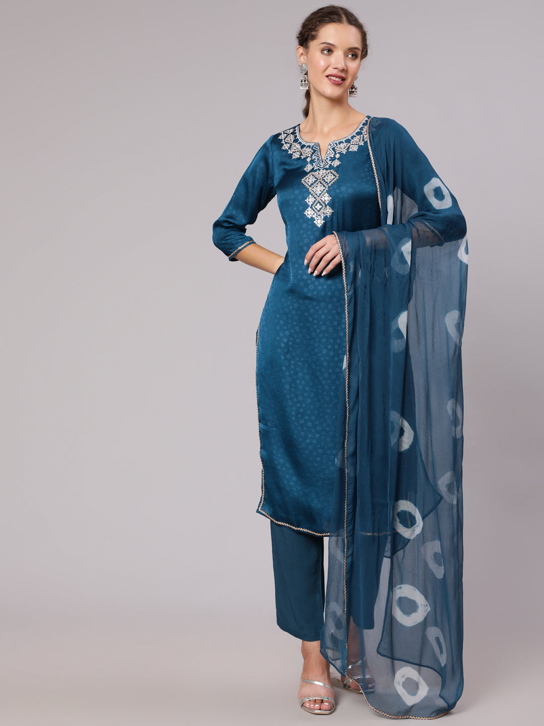 Teal Silk Jacquard Embroidered Straight Kurta With Pants And Tie-Dye Chiffon Dupatta