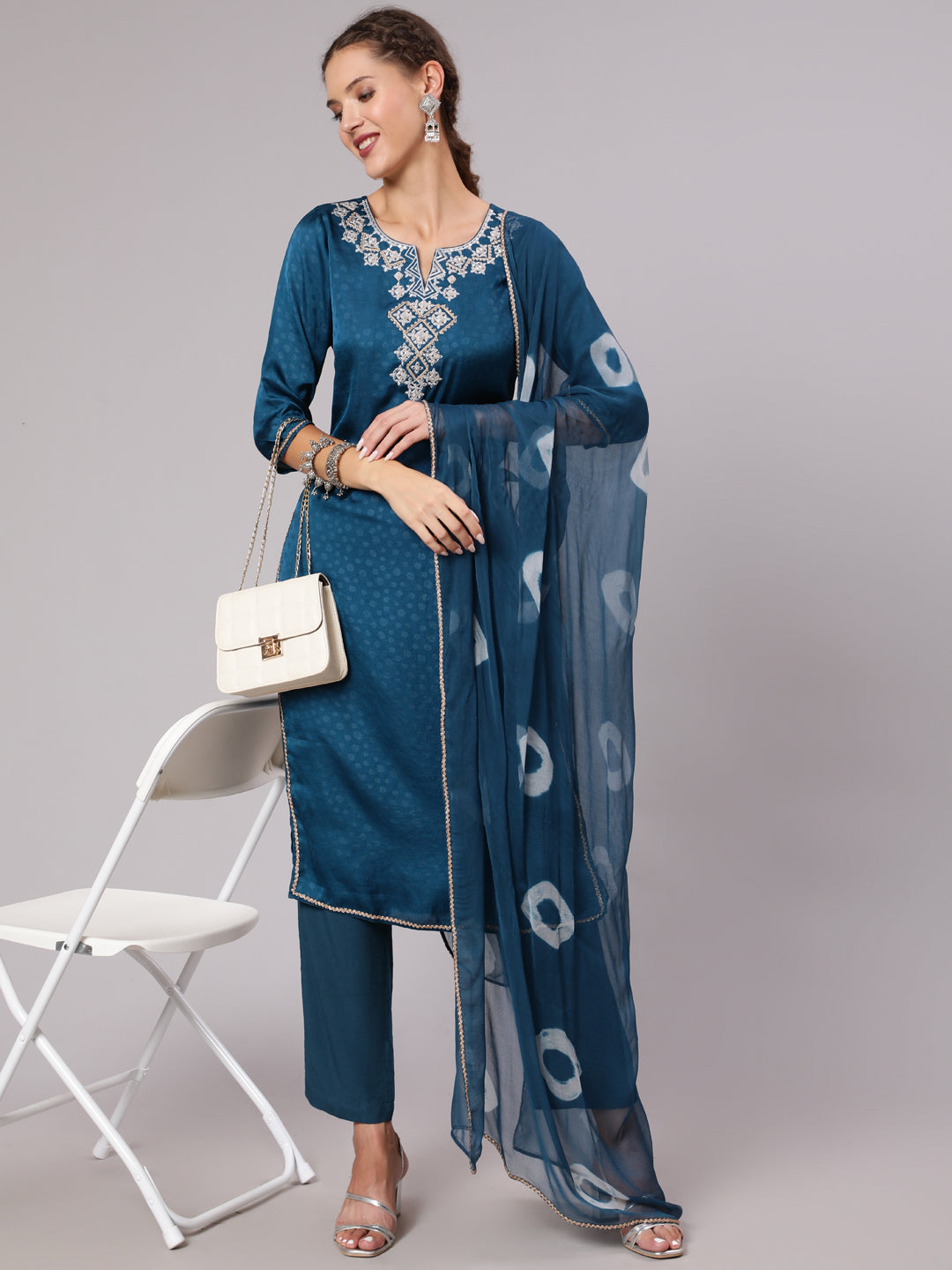 Teal Silk Jacquard Embroidered Straight Kurta With Pants And Tie-Dye Chiffon Dupatta