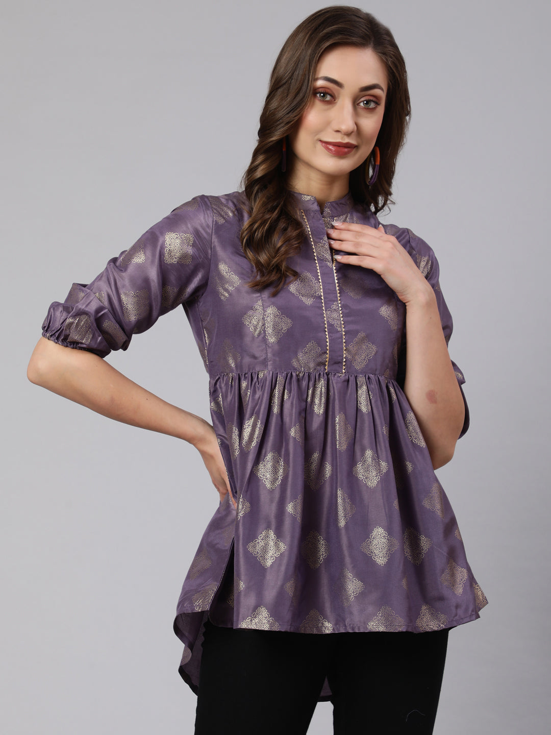 Purple Woven Silk Blend Gold Printed Peplum Hip-Low Top