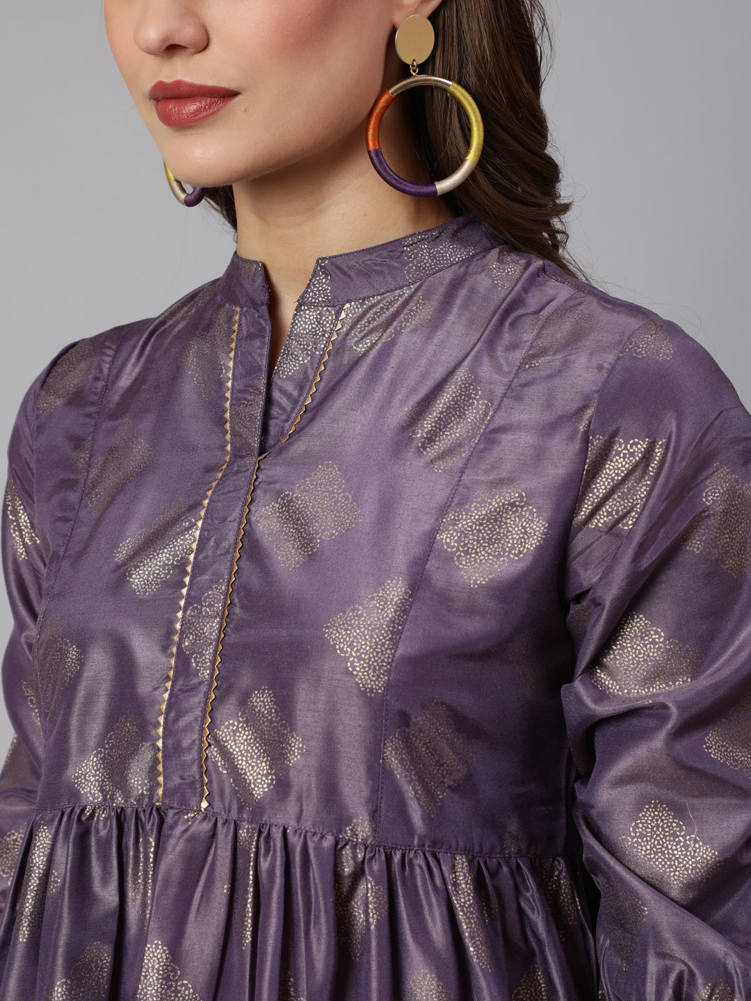 Purple Woven Silk Blend Gold Printed Peplum Hip-Low Top