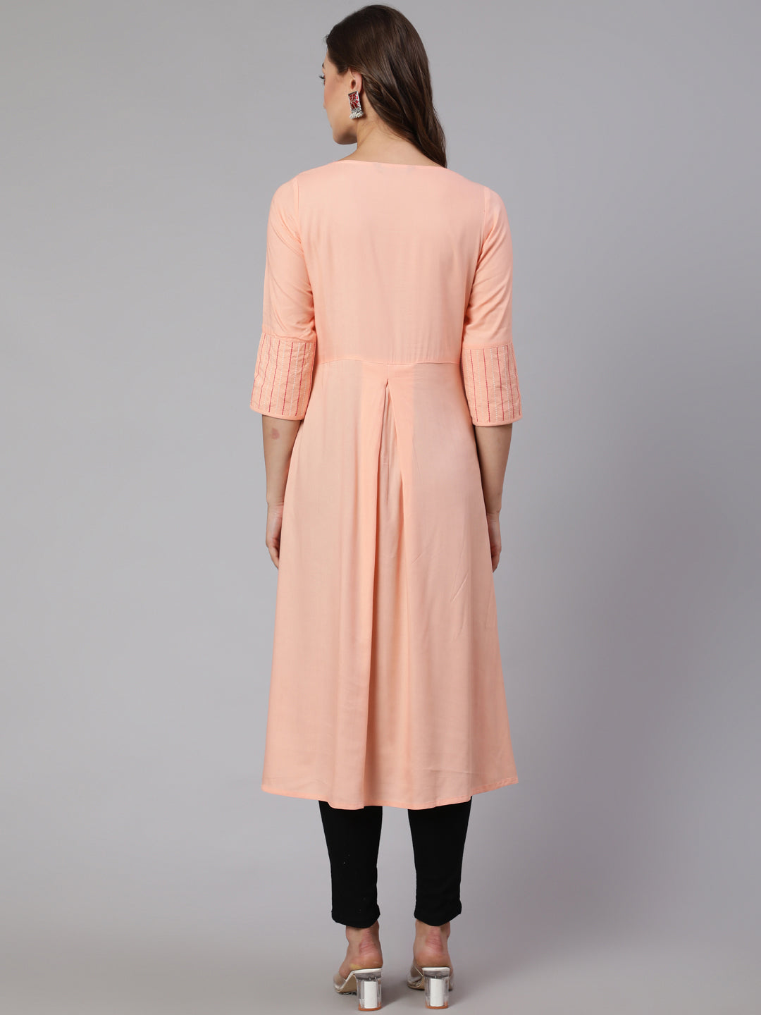 Peach Solid Viscose A-line Embroidered Kurta