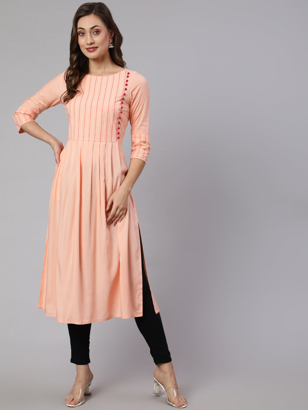 Peach Solid Viscose A-line Embroidered Kurta