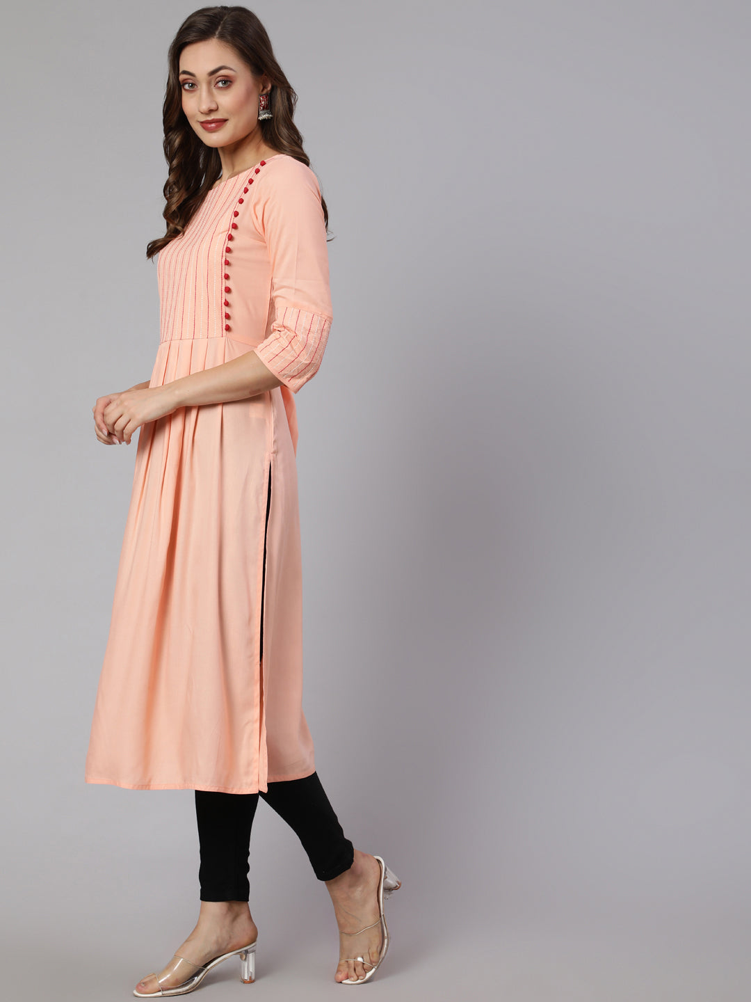 Peach Solid Viscose A-line Embroidered Kurta