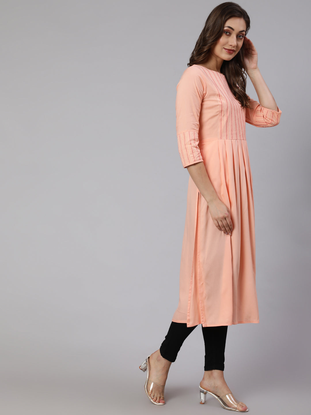 Peach Solid Viscose A-line Embroidered Kurta