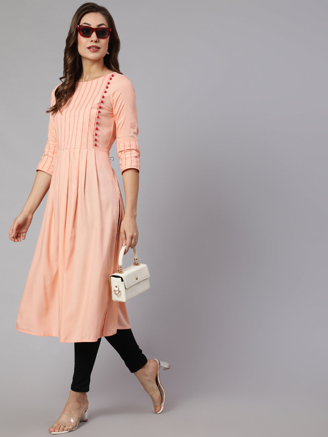 Peach Solid Viscose A-line Embroidered Kurta