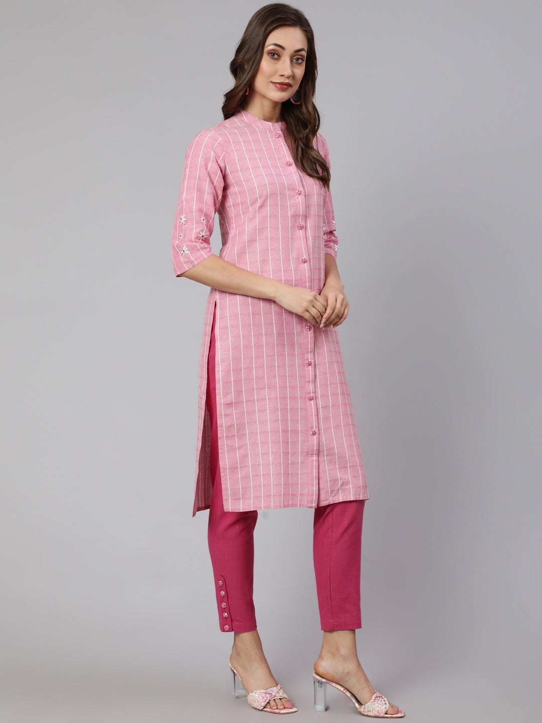 Pink Self Weaved Checkered Straight Embroidered Kurta With Pants