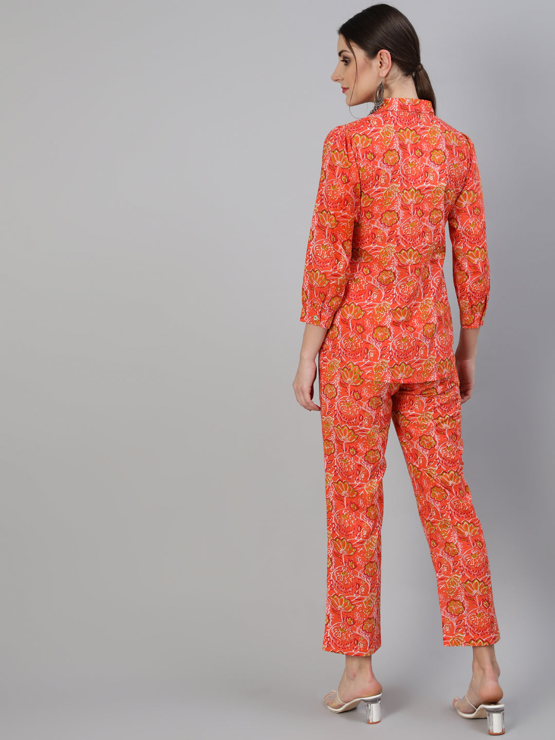 Cotton Ethnic Printed Orange Cotton Shirt With Pants
