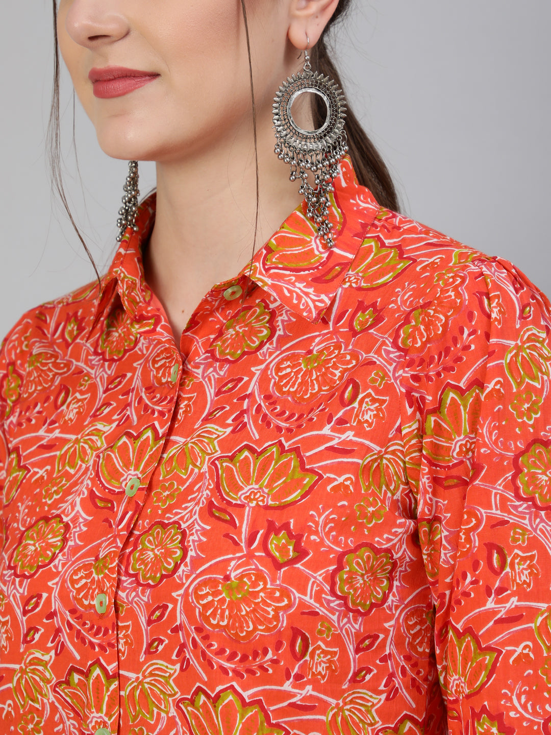 Cotton Ethnic Printed Orange Cotton Shirt With Pants