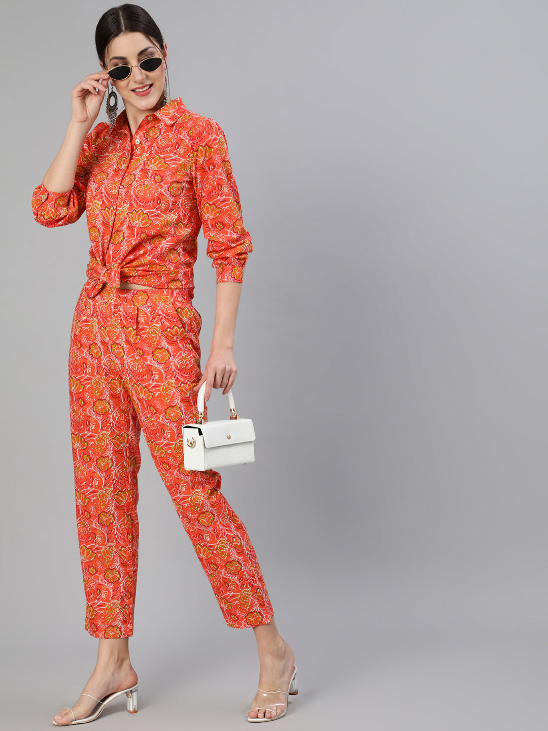 Cotton Ethnic Printed Orange Cotton Shirt With Pants