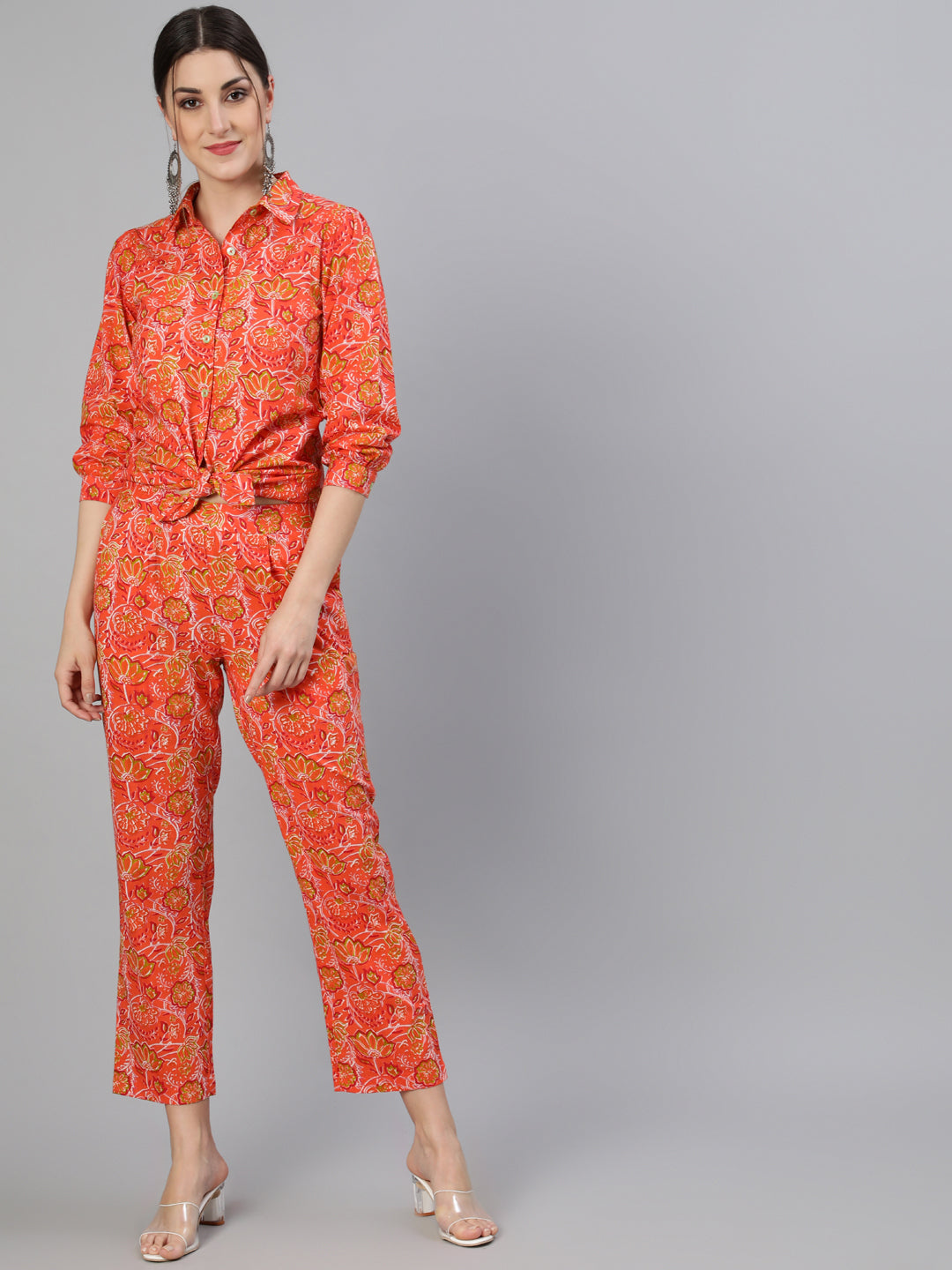 Cotton Ethnic Printed Orange Cotton Shirt With Pants