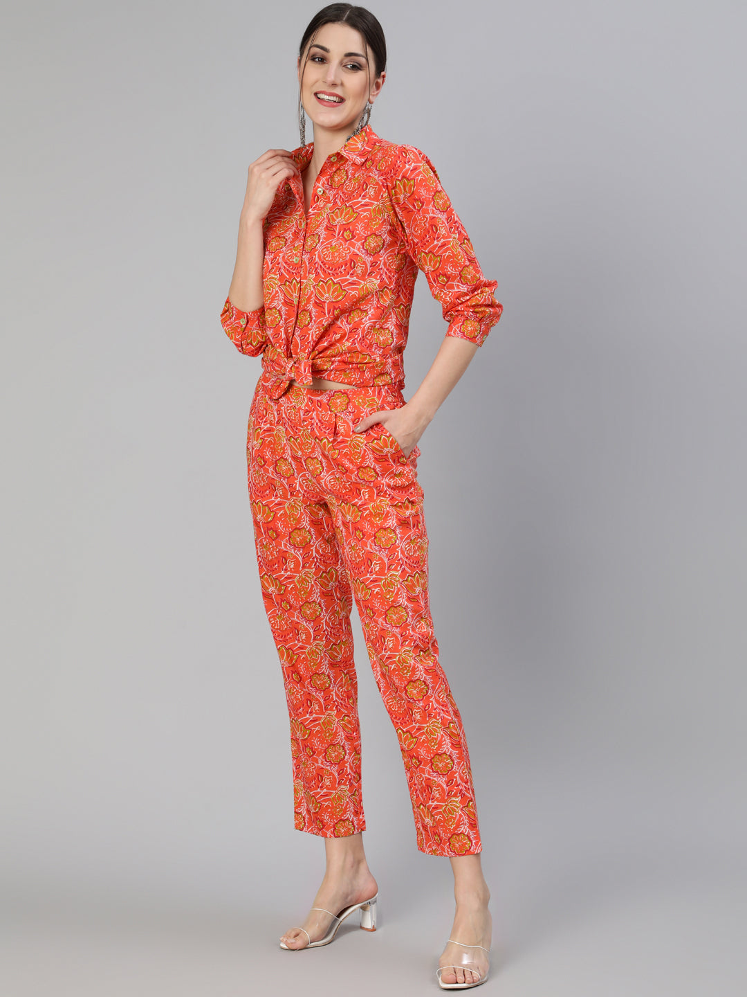 Cotton Ethnic Printed Orange Cotton Shirt With Pants