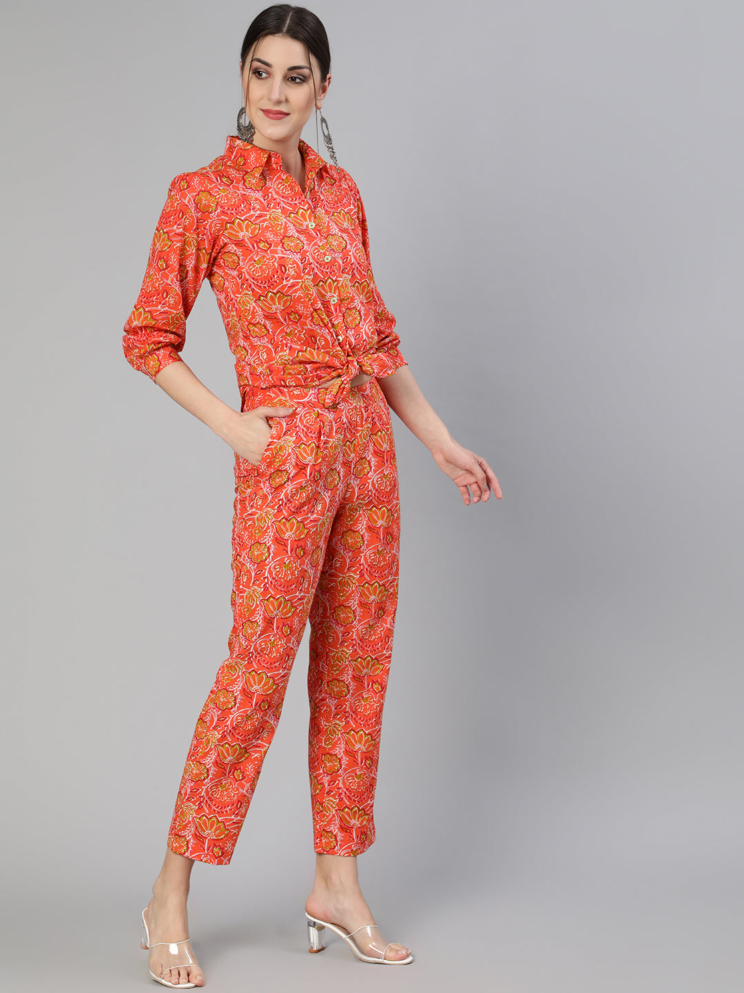 Cotton Ethnic Printed Orange Cotton Shirt With Pants