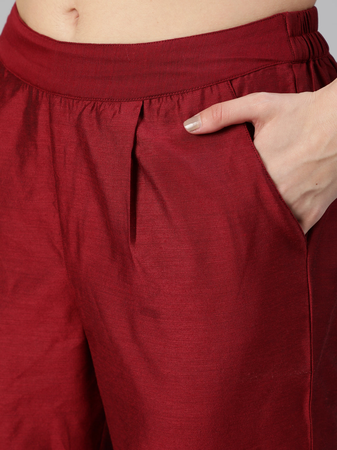 Maroon Chanderi Embroidered Straight Kurta With Pants