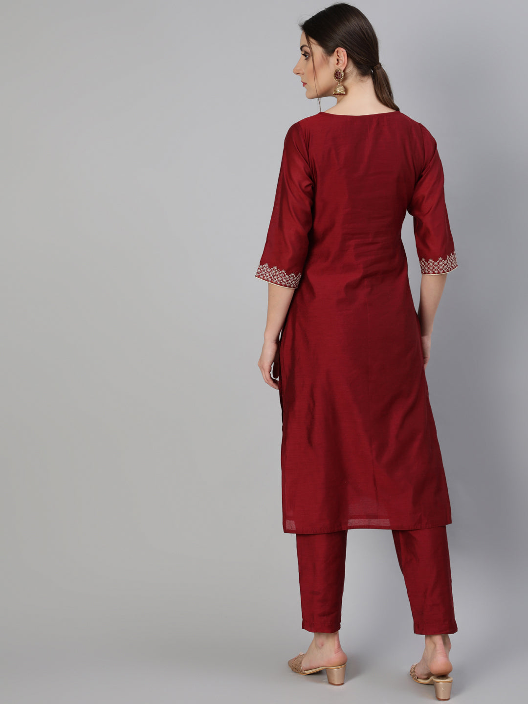 Maroon Chanderi Embroidered Straight Kurta With Pants