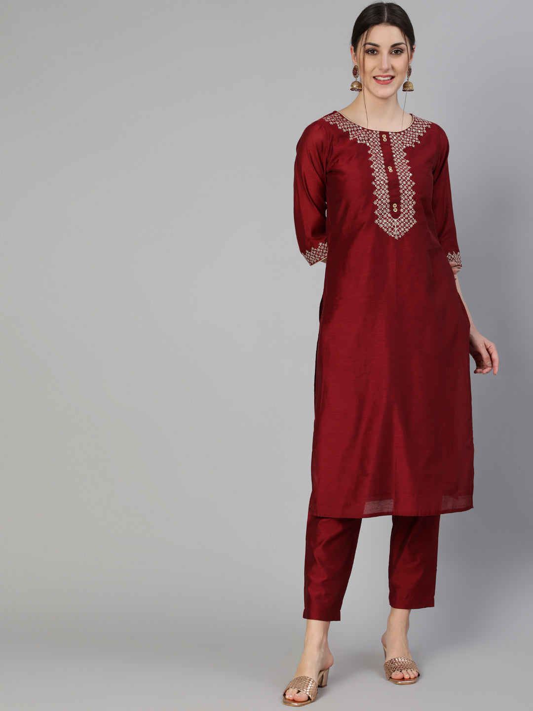 Maroon Chanderi Embroidered Straight Kurta With Pants