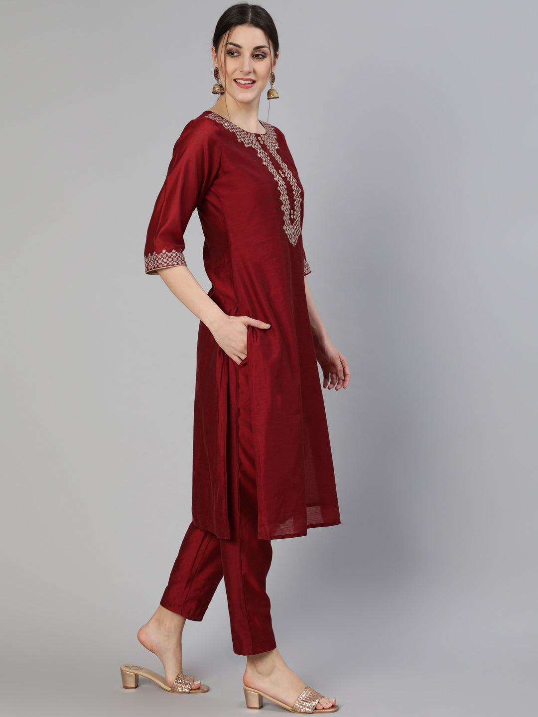 Maroon Chanderi Embroidered Straight Kurta With Pants