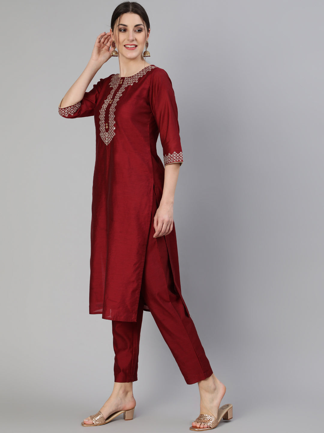 Maroon Chanderi Embroidered Straight Kurta With Pants