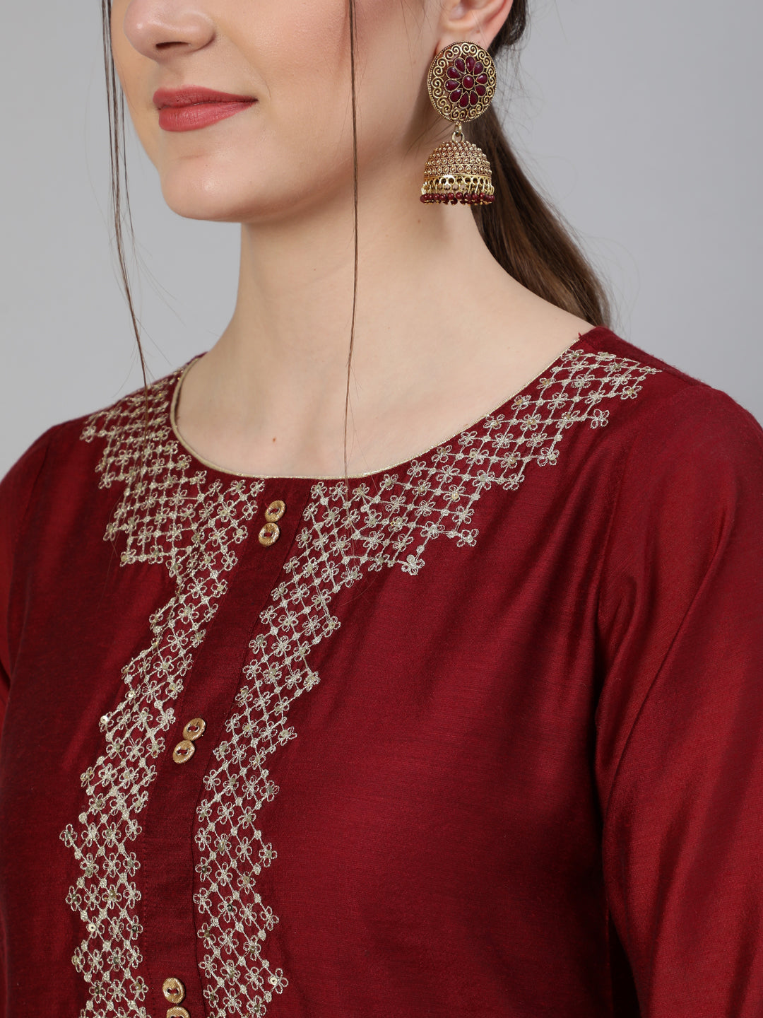 Maroon Chanderi Embroidered Straight Kurta With Pants