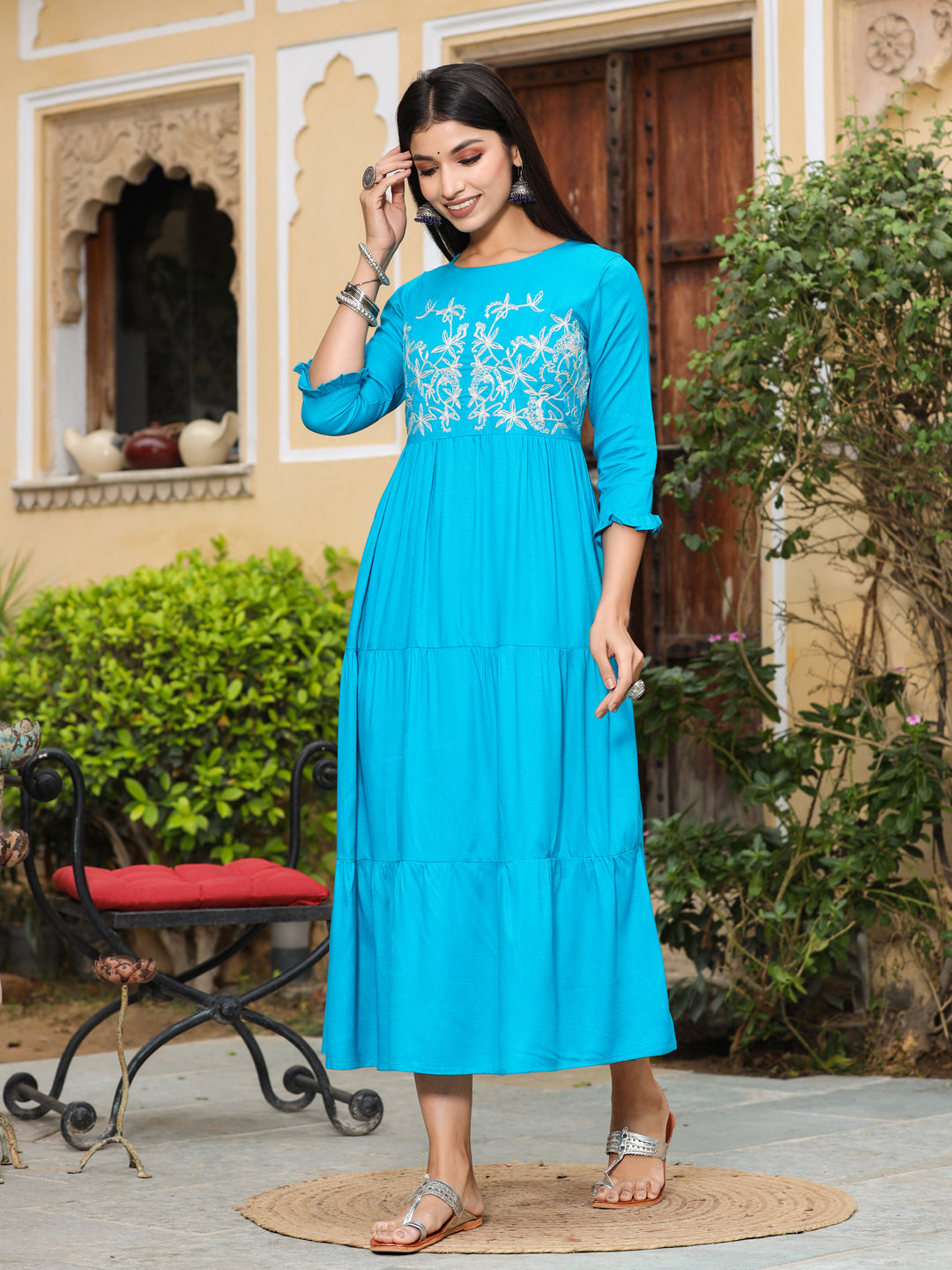Buy Jaipur Kurti Women Turquoise Blue Solid A-Line Dobby Dress Online.