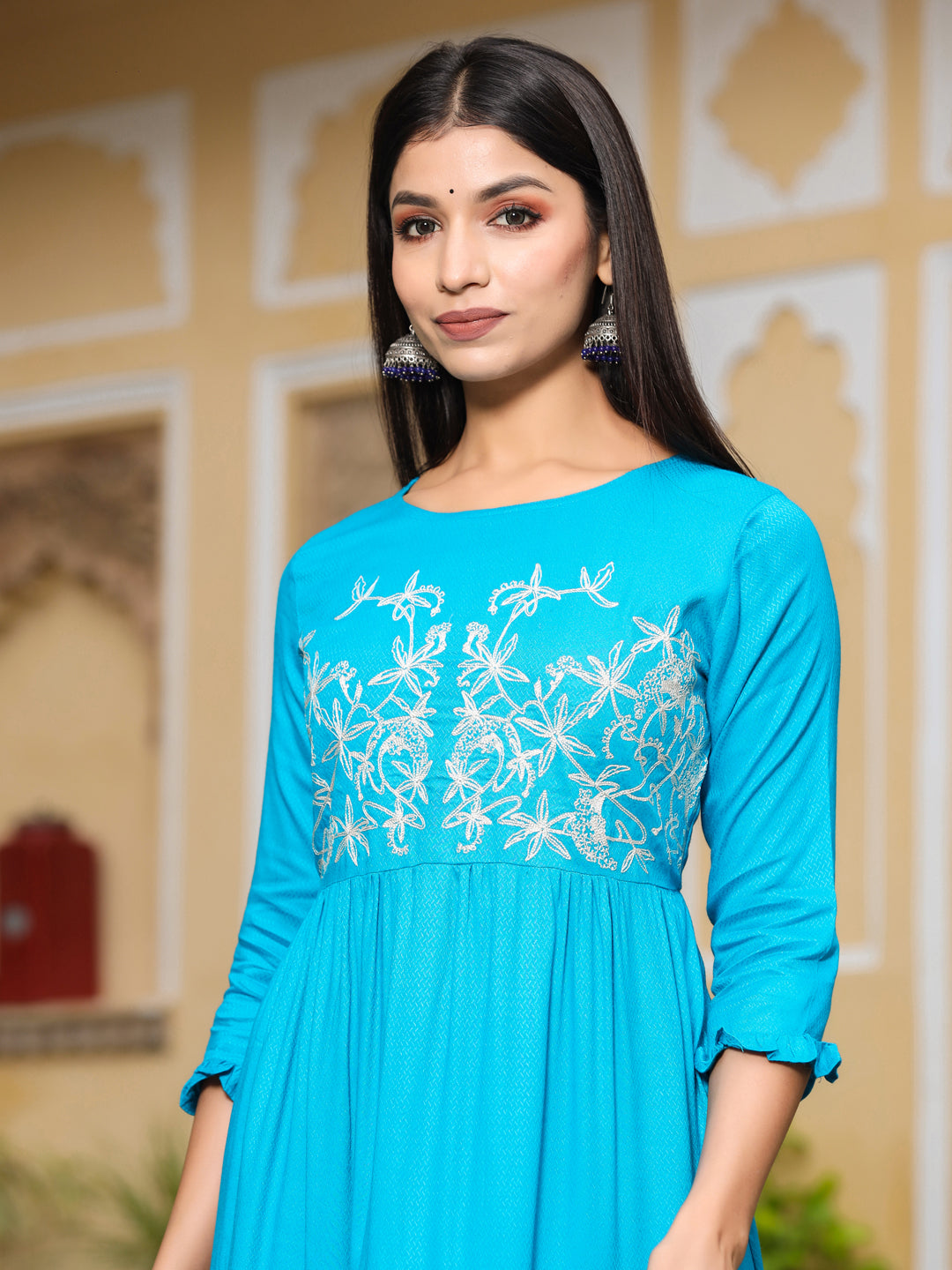 Turquoise Blue Solid A-Line Dobby Dress