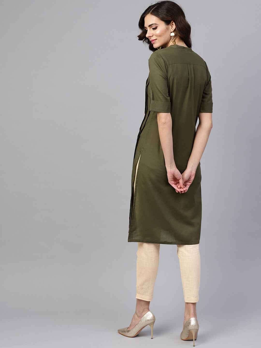 Olive Solid Straight Cotton Kurta